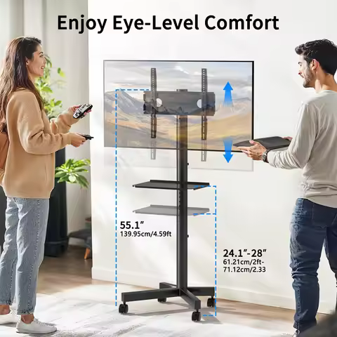 Height Adjustable Rolling TV Cart with Lockable Wheels, Fits 23-60 Inch LCD LED OLED Flat And Curved