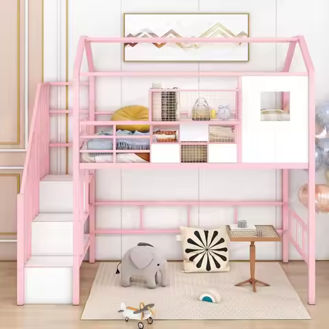 Twin Size Metal Loft Bed Frame with Roof and a Storage Box, House Loft Bed with Stairs for Kids, No 