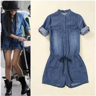 Star-studded skinny denim jumpsuit women korean style waist tie with casual large-size jumpsuit pant