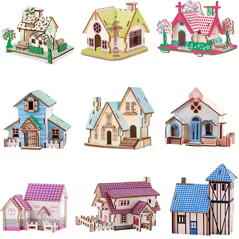 3D Wooden Puzzle Jigsaw House Villa Architectural Models DIY Assembled Combination Kids Handmade Cra