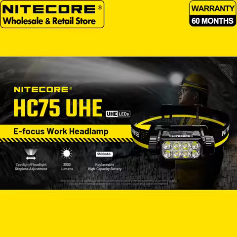 USB-C 18W Fast Charging NITECORE HC75 UHE 3000 Lumens E-focus Work Headlamp with 5500mAh Li-ion batt