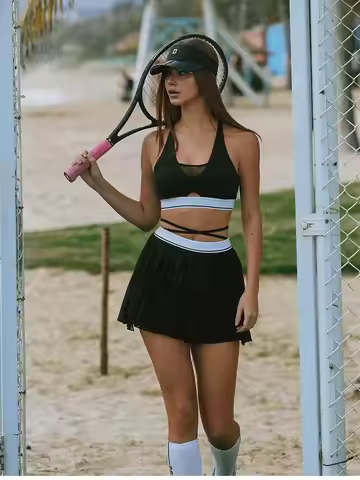 Pleated Skirt Women Contrast Color Two Piece Set Quick Drying Tennis Pilates Yoga Training Fitness O