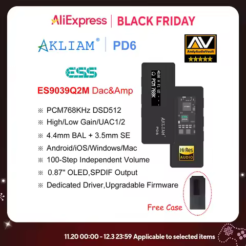 (Andy 5-Star) AkLIAM PD6 ES9039Q2M USB DAC OLED Display Hifi Portable Dac & Amp 3.5mm 4.4mm Headphon