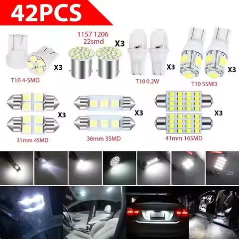 Universal 42Pcs LED T10 COB Interior White Combo LED Dome Door Trunk License Plate Light Bulbs 1157 