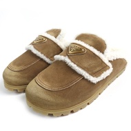 Unused PRADA 1S711M suede and shearling slippers with a triangle logo and triangle logo Plate . Size