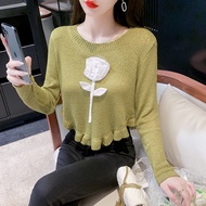 Áo len đan xù dài tay Mùa Thu ôm vừa và áo ngắn hoa trang trí ba chiều