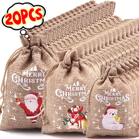 Christmas Linen Gifts Bags Candy Cookie Drawstring Pouches Xmas Tree Hanging Ornaments Party Gift Je