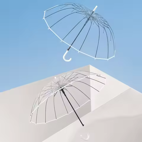 Transparent Umbrella Windproof Strong 16 Ribs, Long Handle Umbrella Woman Rain Waterproof, Semi-auto