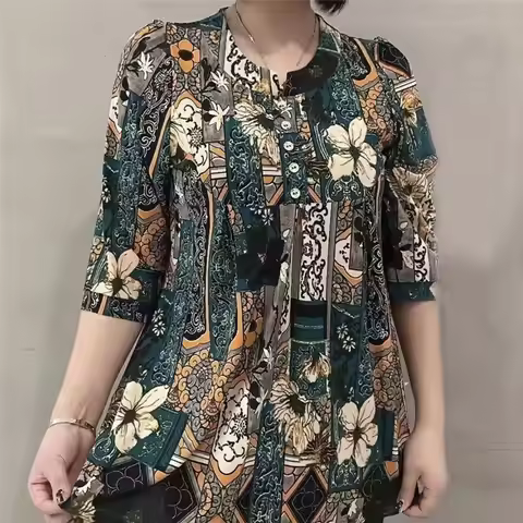 Women Clothes Casual Vintage Floral Print Ethnic Style Ice Silk T-shirt Summer Fashion O Neck 3/4 Sl