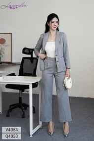 Set vest công sở nữ LAVENDER màu ghi dáng suông nhẹ áo vets tay dài phối với quần dáng suông V4054