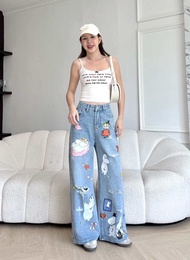 Baggy jeans เอวสูง แต่งลายน่ารักมาก มีไซส์ S-7XL เอว 24-44”