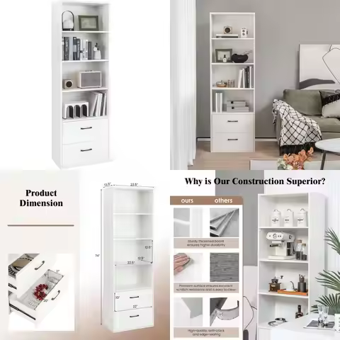 Modern Craft Storage Cabinet with 74 Tall Bookcase, 2 Slide Drawers, and 4 Open Shelves for Book and