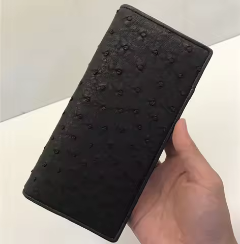 Fancy Black Clutch Authentic Genuine Real Ostrich Skin Men's Long Thin Wallet Exotic Leather Male Ca