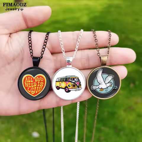 New Peace And Love Necklace for Men Women Heart Moon Sun Peace Dove Hippie Bus Mushroom Glass Round 