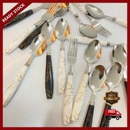 🔥READY STOCK🔥5 pcs White And Black Marble Spoon And Fork Stainless Steel Sudu Makan Dan Garfu Makan 