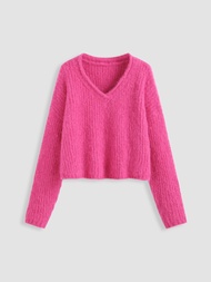 Cider Wool-blend V-neck Knitted Crop Long Sleeve Top | Knitwear Sale