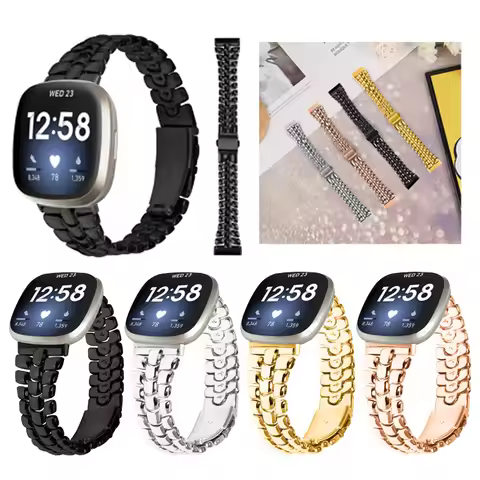 For fitbit versa 4 versa 3 smart watch Strap Stainless Steel Bracelet Slim Three-Beads watchband for