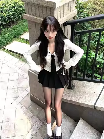 Pure Lust Style Womens Suit Short V Neck Pleated Long Sleeved Shirt A Line Skirt Short Skirt Korean 
