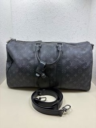Louis Vuitton 路易威登 LV 晶片款 黑花銀扣keepall45手提斜挎旅行袋 46cm