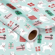 LeZakaa Cat Wrapping Paper Roll, White Cats with Red Bows & Gift Box in Mint for Cat Lovers, Cat Par