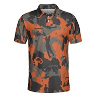 Orange Camouflage Golf Polo Shirt Golfer Silhouette Pattern Polo Shirt Camo Golf Shirt For Men