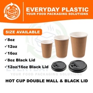 [READY STOCK] PREMIUM PAPER DOUBLE WALL HOT CUP BROWN | HOT CUP BLACK LID | 8OZ, 12OZ, 16OZ | PAPER 