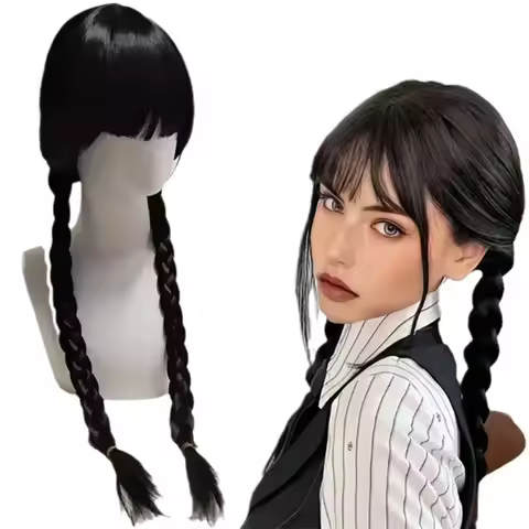 Synthetic Plaits Wigs Long Black Fringe Straight Hair With Bangs Addams Family Costume Girls Women H