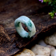 Green Jade Ring With White Narrow Front Tube Shape Size 58 mm.