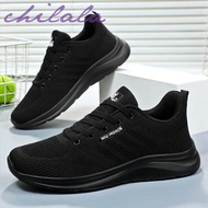 [chilala]Men's Shoes Spring Breathable New Simple Men's Shoes Pure Black Sports Casual Shoes Lightwe