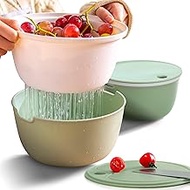 Citylife 2 Set Kitchen Colander Bowl Pasta Strainer Plastic Fruit Bowl Colanders with Lids 2.1 QT Dual-Layer Draining Bowl Vegetable Washing Basket