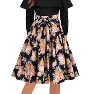 Women Midi Skirt A-Line Style High Waist Floral Printed Skirt Slimming Fit Mid-calf Skirt Work Leisu