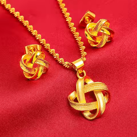 24K Gold AU999 Twist Earring-Necklace Set - Women's, 3D Double-Twist + Polished Gold, Matching Desig