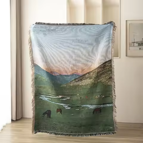 Vintage Pastoral Horse Landscape Throw Blanket Mountain Valley Sunset Woven Tapestry with Fringe Rus
