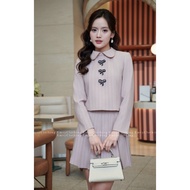 EV125-Emvy Clothing Set váy tiểu thư cổ sen điểm nơ thanh lịch chất xước kẻ kết hợp chân váy ngắn