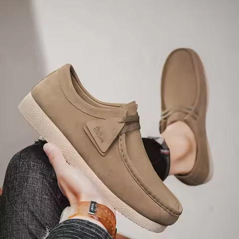 Smart Casual Men's Beige Suede Wallabee Shoes Retro Style Comfortable Office Shoes Versatile Lace-Up