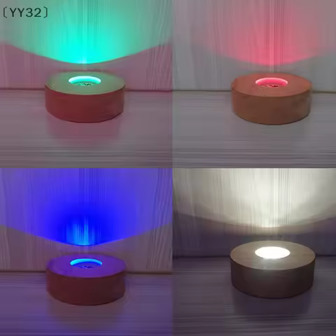 〔YY32〕8cm Round Wooden LED Light Dispaly Base Stand Holder 3D Table Night Lamp Base Crystal Glass Re
