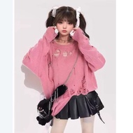 2025 Hot Girl Sweater Barbie Pink Lazy Niche Autumn Winter Hole Trendy All-Match Loose Female Design