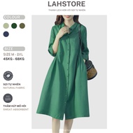 LAHSTORE straight linen dress with rolled-up sleeves and flared waist DS30 (Green)