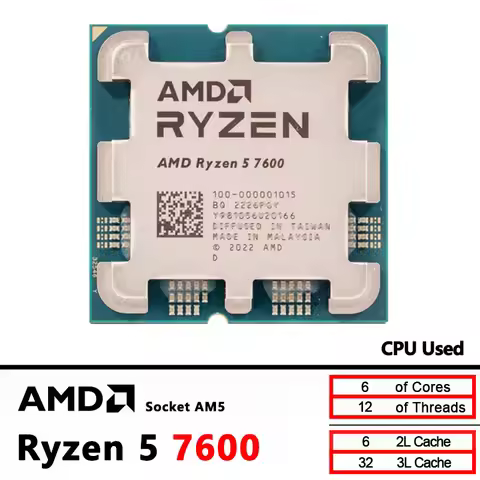 Used R5 7600 AMD Ryzen 5 7600 3.8GHz CPU processor 6-Core 12-Thread 5NM L3=32M 100-000001015 Socket 