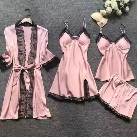 4PCS Women's Sleep Robe Gown Sets Sleepwear Pajamas Set Lounge Silk Women Nightdress Lace Dress Slee