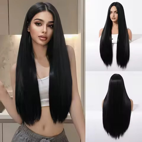 Elegant 28 Inch Black Straight Synthetic Wig for Women, High Temperature Fiber, 150% Density, with R