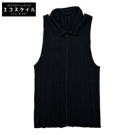 Pleats Please PP04-JE384 黑色翻領高領無袖拉鍊上衣，3 碼 [二手]
