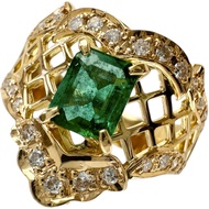 Pre-owned 18K gold ring with 0.45ct emerald and 0.19ct diamonds, size 9.5.