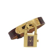 二手愛馬仕凱莉腕錶，鱷魚皮錶帶，不鏽鋼錶殼，波爾多紅錶盤，帶有“W”字樣印記，石英機芯，0034