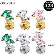 SPORCLO 16G Ear Piercing 1 Piece G23 Titanium Lip Piercing Leaves Crystal Stud Earring Flat Back Lip