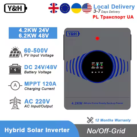 Y&H 4.2KW 6.2KW Hybrid Solar Inverters 24V 48V Off Grid Pure Sine Wave Inverter 230V 120A MPPT Solar