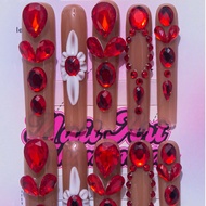 10Pcs Extra Long Nails Y2K Pink French Style & Full Of Sparkling Rhinestones And 3D Hand Drawn Flowe