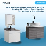 Baron A107-ST SS Basin Cabinet Solid Top & Heavy Duty Vanity w/ Sintered Stone Top, Top Mount Basin 