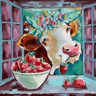 Cow Painting Animal Original Art Strawberry Wall Art Kitchen Artwork 40 x 50 cm