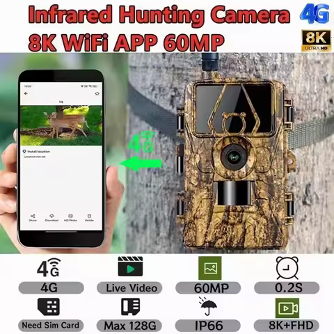 4G Trail Camera 8K Video 60MP Images PIR120°15M-20M Super-Fast Reflex Trigger Wildlife Camera with A